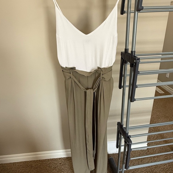 Elegant White and Khaki Sage Paperbag Jumpsuit - Picture 1 of 7